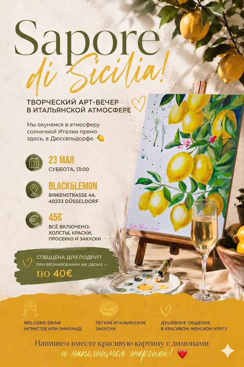 Афиша: Арт - бранч Sapore di Sicilia! Мы окунемся в атмосферу солнечной Италии прямо здесь, в Дюссельдорфе.